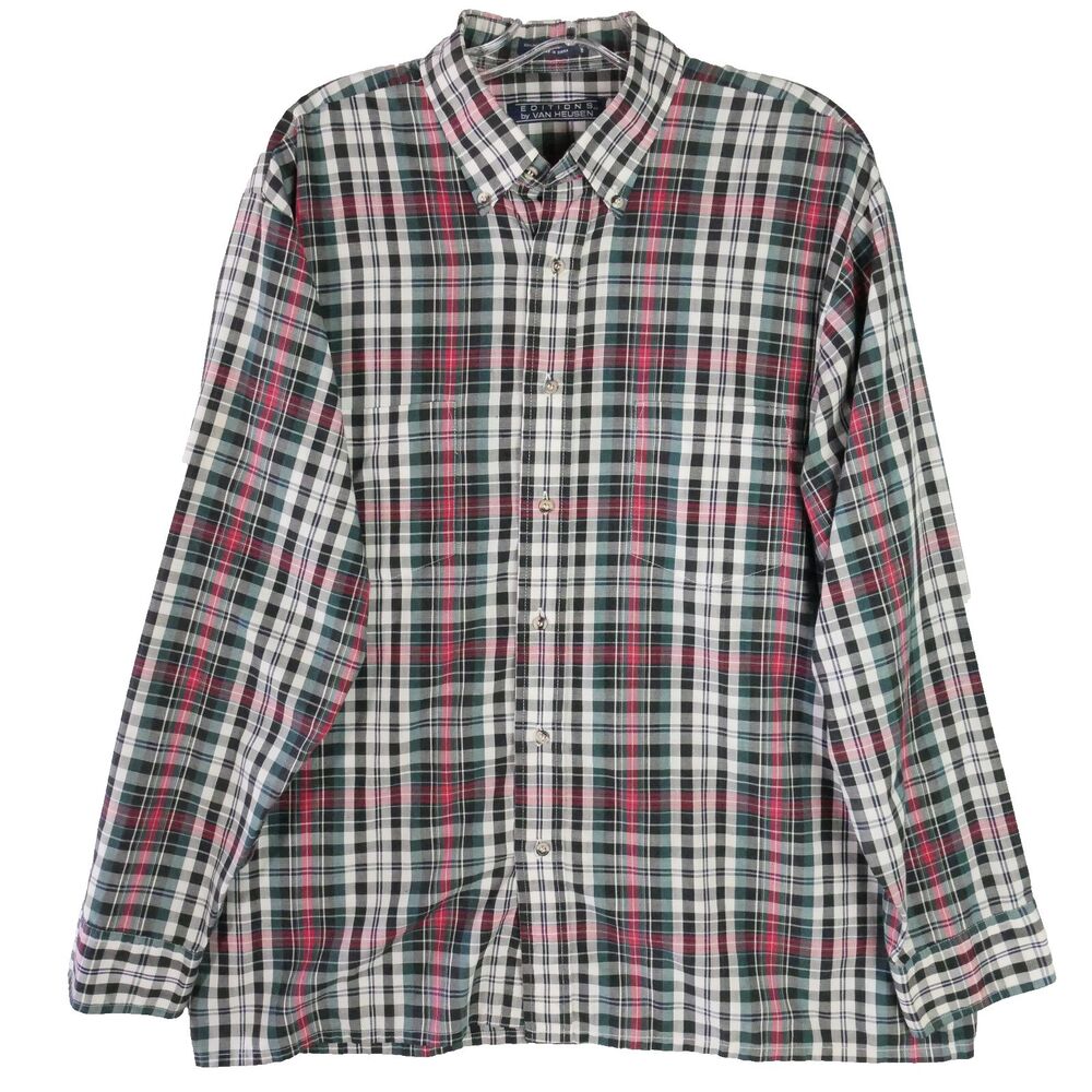 Editions by Van Heusen Mens Size L Red Gray Plaid Long Sleeve Button-Up Shirt